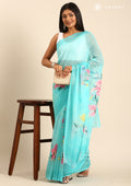 Sky Blue Multicolor Floral Printed Georgette Saree - Taashi