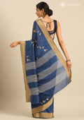 Navy Blue Bird Printed Tussar Saree - Taashi