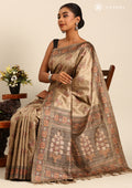 Chikoo Mughal Floral Woven Pattern Tussar Saree - Taashi