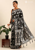 Black And White Floral And Tribal Pattern Woven Tussar Saree - Taashi