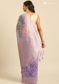 Mauve Floral Printed Zari Woven Organza Saree - Taashi