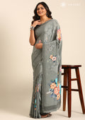 Grey Floral Digital Printed Crepe Saree - Taashi