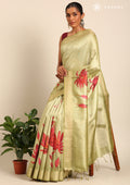 Olive Green Floral Printed Tussar Saree - Taashi