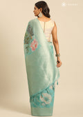 Pastel Green Floral Printed Zari Woven Organza Saree - Taashi