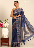 Navy Blue Ikat Pattern And Tradition Pattern Woven Tussar Saree - Taashi