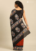 Orange And Black Batik Printed Cotton Saree - Taashi