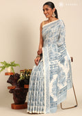 Cream And Blue Stylised A/O Paisley Pattern Linen Saree - Taashi