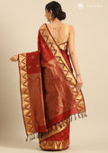 Marron Semi Kanchipuram Saree With Zari Temple Butta And Zari Temple Border Saree - Taashi