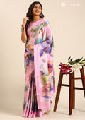 Pink Watercolor Floral Digital Printed Satin Saree - Taashi