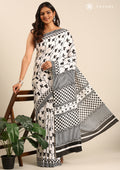 White X Black Printed Art Tussar Matka Silk Saree - Taashi