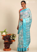 Sky Blue A/O Floral Printed Plaids Woven Line Saree - Taashi