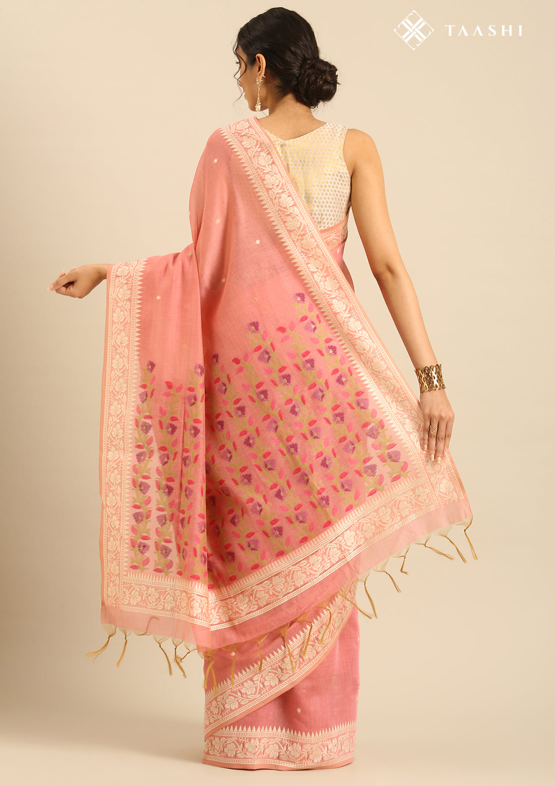 Pink Woven Butta Linen Saree - Taashi