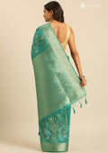 Green Zari Woven And Floral Printed Organza Saree - Taashi