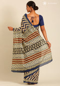Indigo And Cream Zigzag Printed Cotton Saree - Taashi
