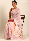 Pastel Pink Watercolor Floral Printed Georgette Saree - Taashi