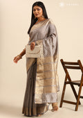 Grey Traditional Zari Butta Woven Tussar Saree - Taashi