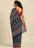Indigo And Maroon Ajrakh Printed Cotton Saree - Taashi