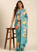 Pastel Blue Leaf Digital Printed Crepe Saree - Taashi