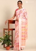 Pastel Pink Watercolor Floral Printed And Plaids Woven Linen Saree - Taashi