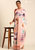Pastel Peach Watercolor Floral Printed Georgette Saree - Taashi