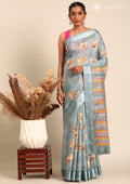 Powder Blue Watercolor Floral Printed And Plaids Woven Linen Saree - Taashi