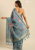 Dusty Blue Floral, Flamingo Printed And Zari Stripes Tussar Saree - Taashi