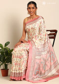 Cream And Dusty Pink Jaal Floral Printed Art Tussar Matka Silk Saree - Taashi