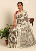 Sage Green Watercolor Floral Printed Tussar Saree - Taashi