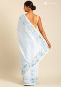 Pastel Blue Floral Embroiderd Linen Saree - Taashi