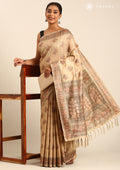 Beige Mughal Floral Woven Pattern Tussar Saree - Taashi