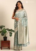 Teal Floral Woven Tussar Saree - Taashi