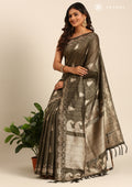 Dusty Green Zari Floral Butta Tussar Saree - Taashi