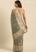 Metallic Dusty Green Nature InspiRed Embroiderd Tissue Saree - Taashi