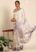 Cream And Mauve Jaal Floral Printed Art Tussar Matka Silk Saree - Taashi