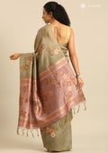 Dusty Olive Floral Woven Tussar Saree - Taashi
