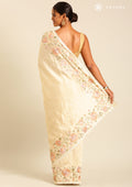 Pastel Olive Green Floral Embroiderd Linen Saree - Taashi