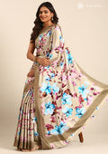 Beige Floral Digital Printed Satin Saree - Taashi