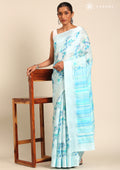 Blue Watercolor Floral Printed And Plaids Woven Linen Saree - Taashi