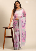 Grey Watercolor Floral Printed Georgette Saree - Taashi
