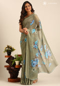 Dusty Green Floral Digital Printed Georgette Saree - Taashi