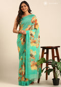 Green Watercolor Floral Printed Georgette Saree - Taashi