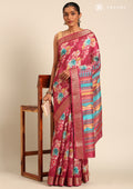 Dark Pink Watercolor Floral Printed Tussar Saree - Taashi