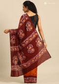 Orange And Maroon Batik Printed Cotton Saree - Taashi