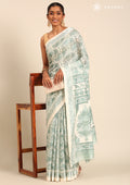 Cream And Sage Green Stylised A/O Paisley Pattern Linen Saree - Taashi