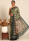 Dark Green Geometric Printed Tussar Saree - Taashi