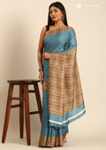 Blue Temple Border Printed Tussar Saree - Taashi
