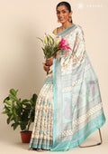 Cream And Teal Jaal Floral Printed Art Tussar Matka Silk Saree - Taashi