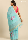 Pastel Blue Floral Printed Zari Woven Tussar Saree - Taashi