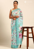 Sky Blue Floral Printed Georgette Saree - Taashi