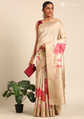 Beige Floral Printed Tussar Saree - Taashi
